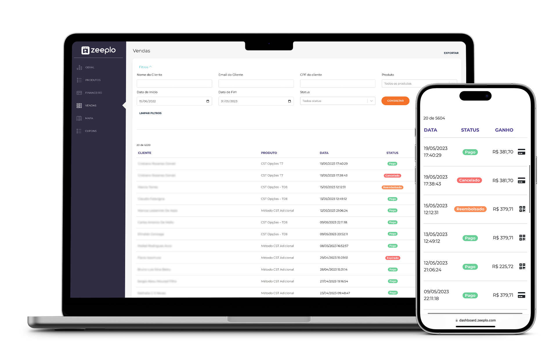 Painel de controle - Vendas - Zeeplo desktop e mobile